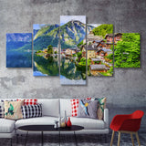 Mountain Village in the Austrian Alps at Sunrise Hallstatt 5 Piece Canvas Prints Wall Art Decor - Painting Canvas, Multi Panels