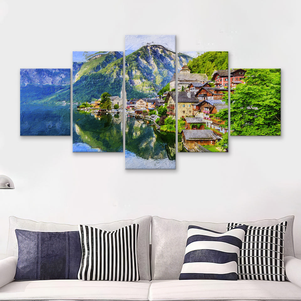Mountain Village in the Austrian Alps at Sunrise Hallstatt 5 Piece Canvas Prints Wall Art Decor - Painting Canvas, Multi Panels