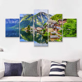 Mountain Village in the Austrian Alps at Sunrise Hallstatt 5 Piece Canvas Prints Wall Art Decor - Painting Canvas, Multi Panels