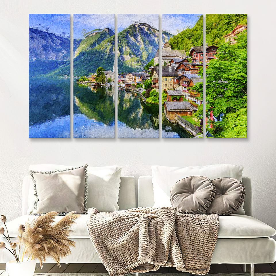 Mountain Village in the Austrian Alps at Sunrise Hallstatt 5 Piece B Canvas Prints Wall Art Decor - Painting Canvas, Multi Panels