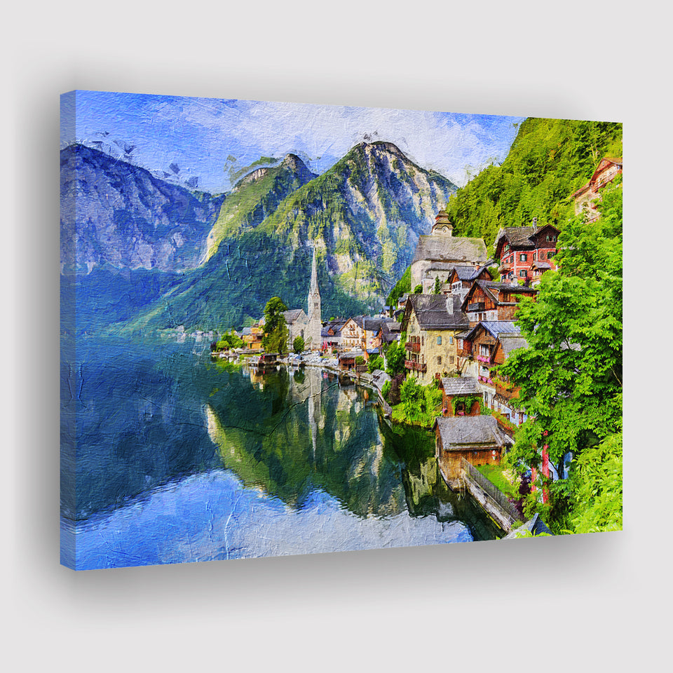 Mountain Village in the Austrian Alps at Sunrise Hallstatt Canvas Prints Wall Art Decor - Paiting Canvas, Art Prints, Wall Decor, For Sale