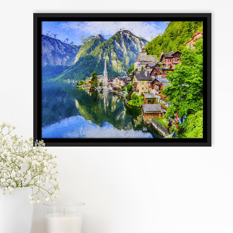 Mountain Village in the Austrian Alps at Sunrise Hallstatt Framed Canvas Prints Wall Art Decor - Paiting Canvas, Art Prints