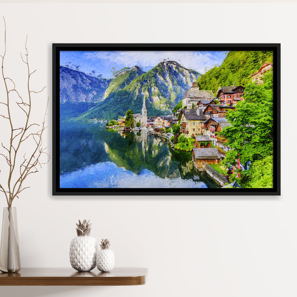 Mountain Village in the Austrian Alps at Sunrise Hallstatt Framed Canvas Prints Wall Art Decor - Paiting Canvas, Art Prints