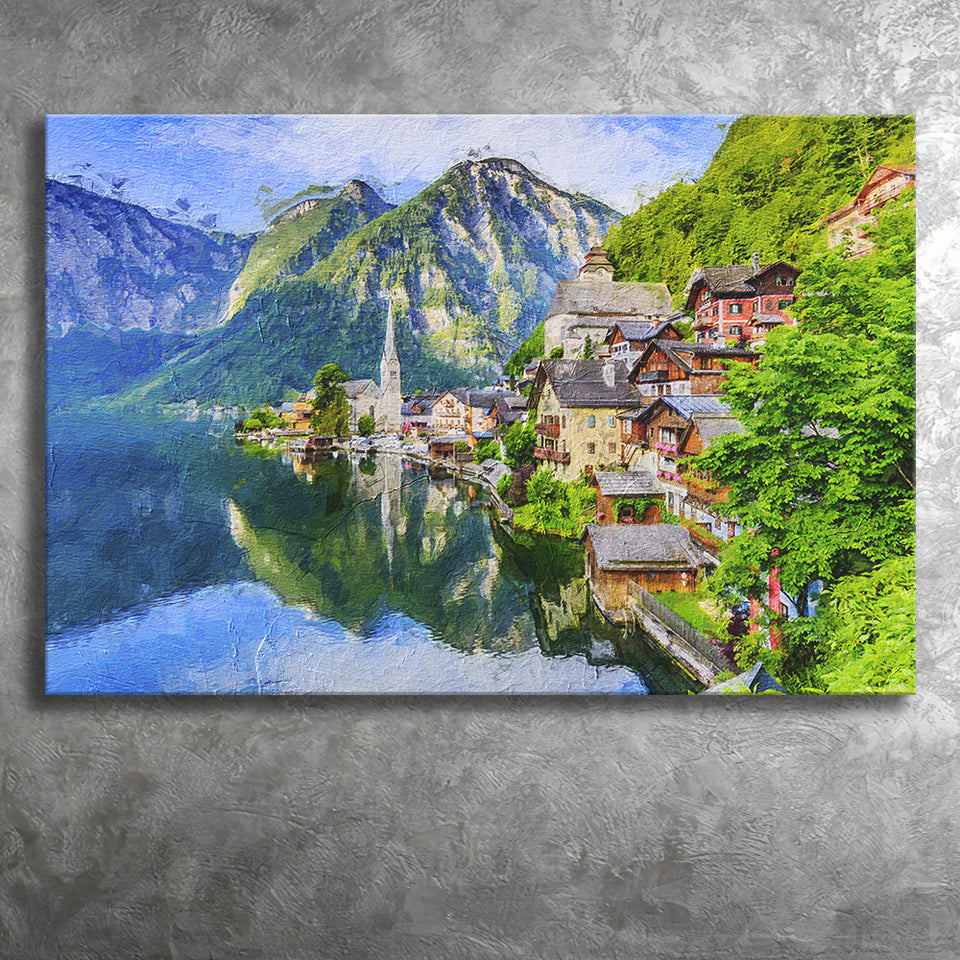 Mountain Village in the Austrian Alps at Sunrise Hallstatt Canvas Prints Wall Art Decor - Paiting Canvas, Art Prints, Wall Decor, For Sale