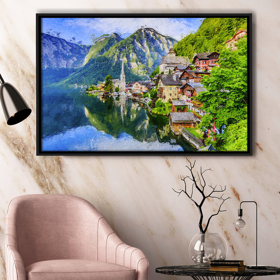 Mountain Village in the Austrian Alps at Sunrise Hallstatt Framed Canvas Prints Wall Art Decor - Paiting Canvas, Art Prints