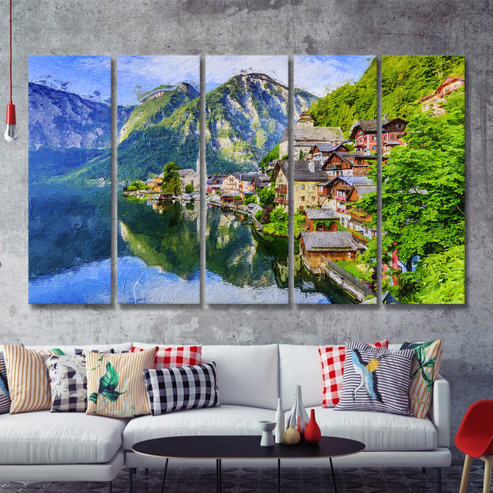 Mountain Village in the Austrian Alps at Sunrise Hallstatt 5 Piece B Canvas Prints Wall Art Decor - Painting Canvas, Multi Panels