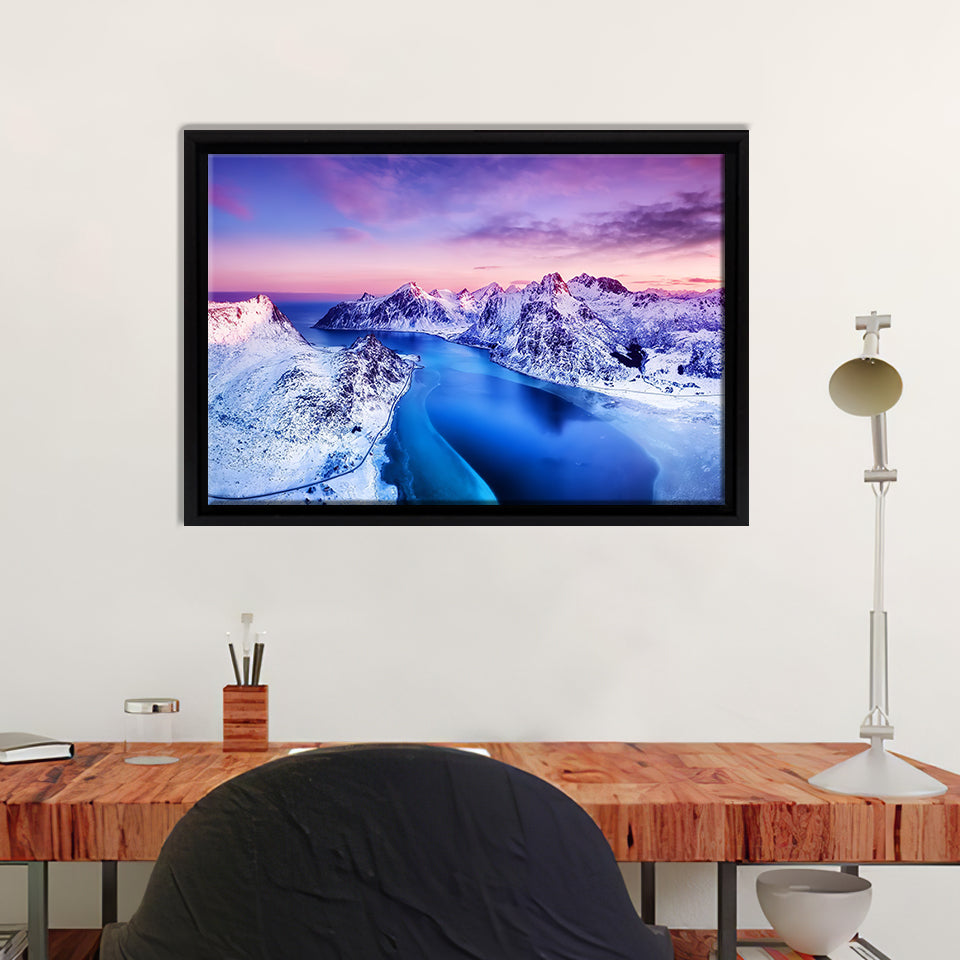 Mountains And Sea During Sunset Framed Canvas Wall Art - Canvas Prints, Prints For Sale, Painting Canvas,Framed Prints