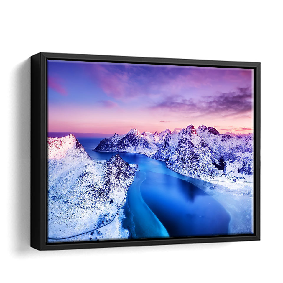 Mountains And Sea During Sunset Framed Canvas Wall Art - Canvas Prints, Prints For Sale, Painting Canvas,Framed Prints