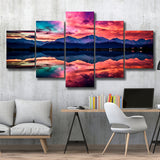Moutain And Sky_Reflection_Of_The_Vibrant_Night_Sky, 5 Panel Canvas Prints Wall Art,Mixed Canvas, Large Canvas