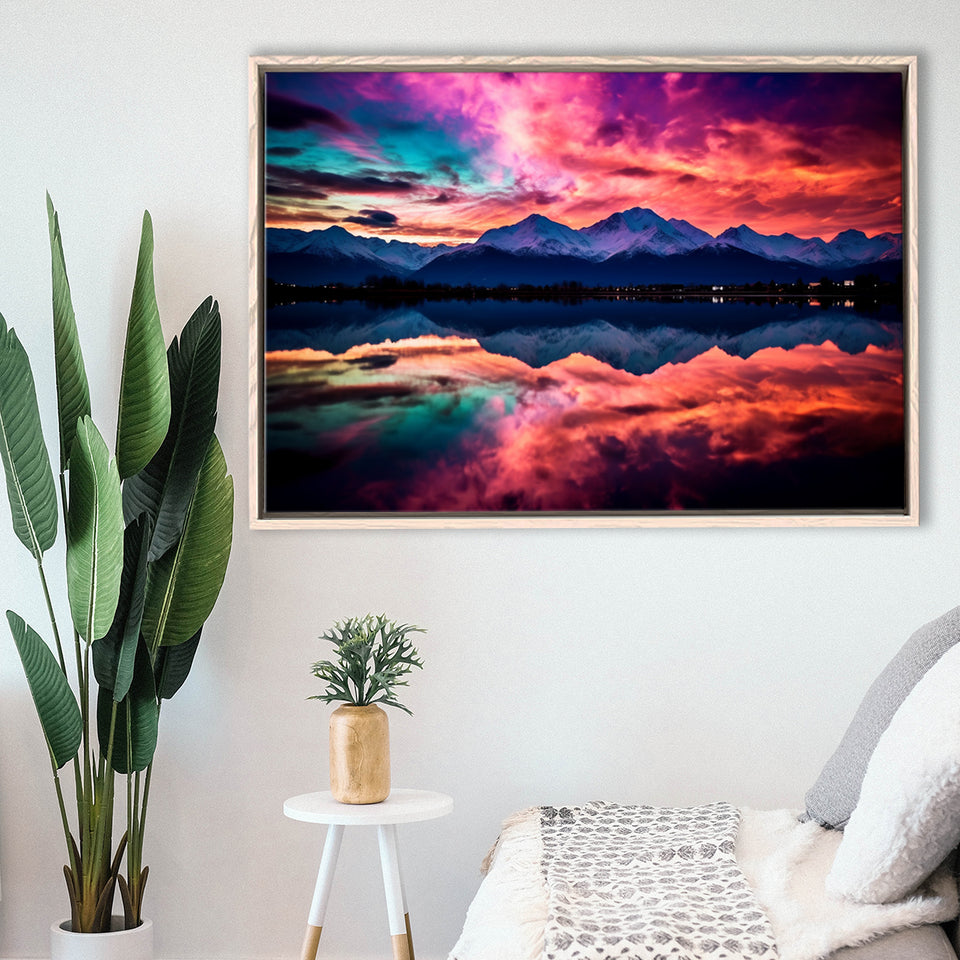 Moutain And Sky_Reflection_Of_The_Vibrant_Night_Sky Framed Canvas Prints Wall Art, Floating Frame, Large Canvas Home Decor