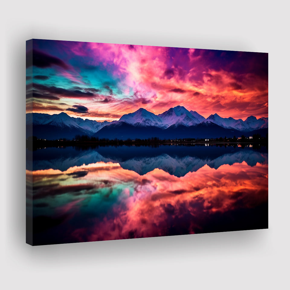 Moutain And Sky Reflection Of The Vibrant Night Sky Canvas Prints Wall Art, Home Living Room Decor, Large Canvas