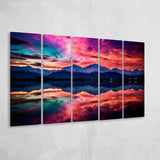 Moutain And Sky_Reflection_Of_The_Vibrant_Night_Sky, 5 Panel B Canvas Prints Wall Art, Extra Large Canvas Decor