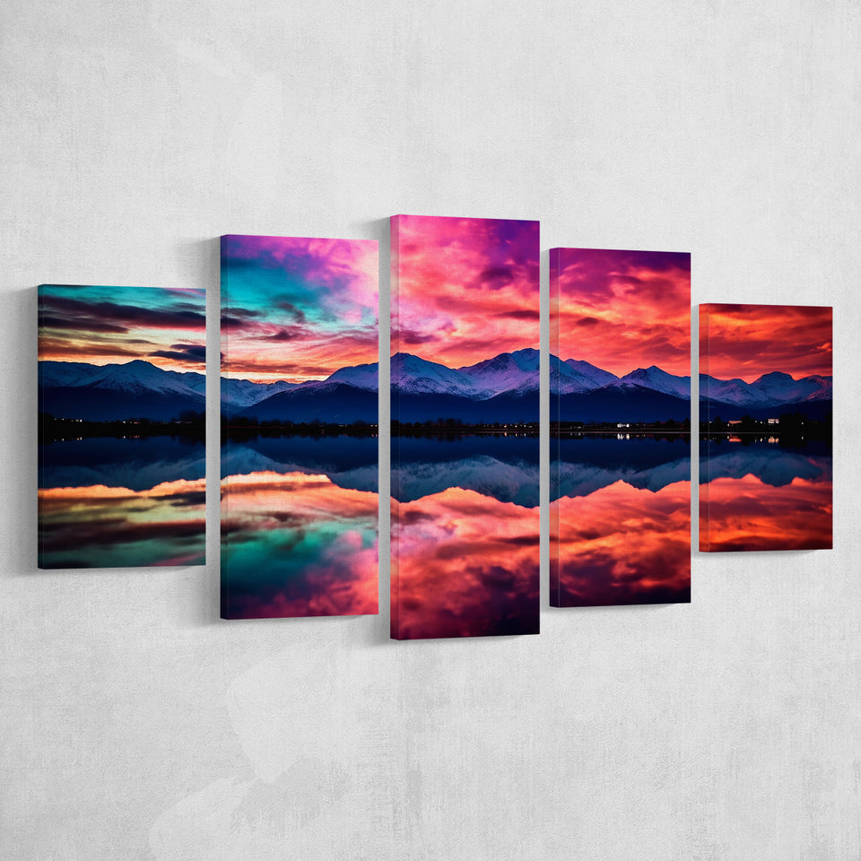 Moutain And Sky_Reflection_Of_The_Vibrant_Night_Sky, 5 Panel Canvas Prints Wall Art,Mixed Canvas, Large Canvas