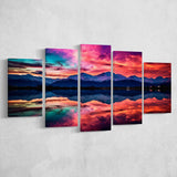 Moutain And Sky_Reflection_Of_The_Vibrant_Night_Sky, 5 Panel Canvas Prints Wall Art,Mixed Canvas, Large Canvas