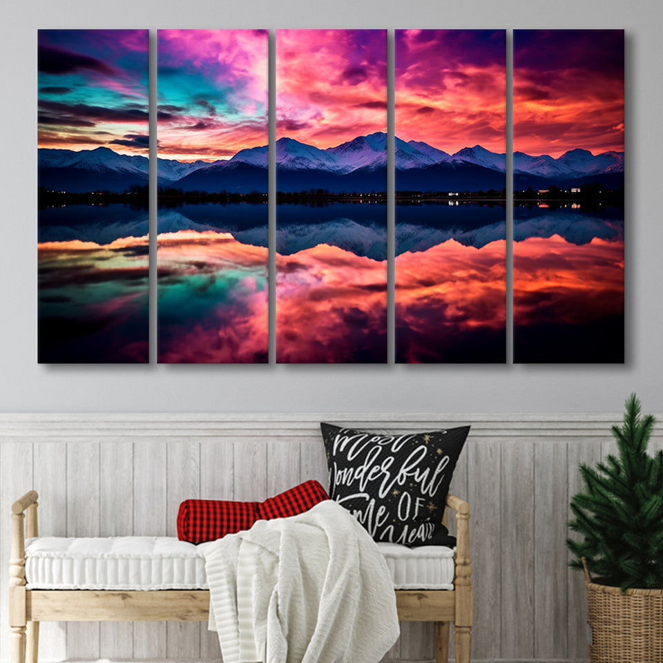 Moutain And Sky_Reflection_Of_The_Vibrant_Night_Sky, 5 Panel B Canvas Prints Wall Art, Extra Large Canvas Decor