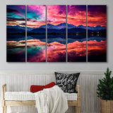Moutain And Sky_Reflection_Of_The_Vibrant_Night_Sky, 5 Panel B Canvas Prints Wall Art, Extra Large Canvas Decor