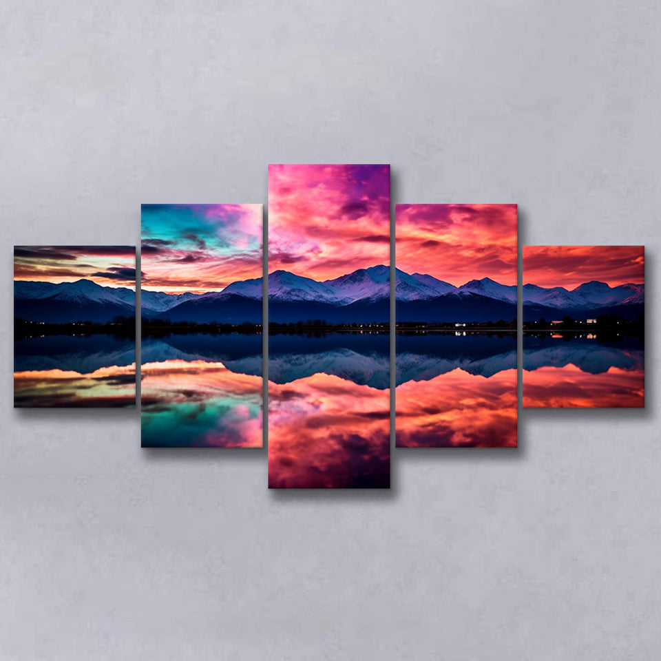 Moutain And Sky_Reflection_Of_The_Vibrant_Night_Sky, 5 Panel Canvas Prints Wall Art,Mixed Canvas, Large Canvas