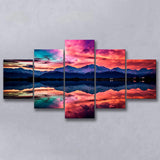 Moutain And Sky_Reflection_Of_The_Vibrant_Night_Sky, 5 Panel Canvas Prints Wall Art,Mixed Canvas, Large Canvas
