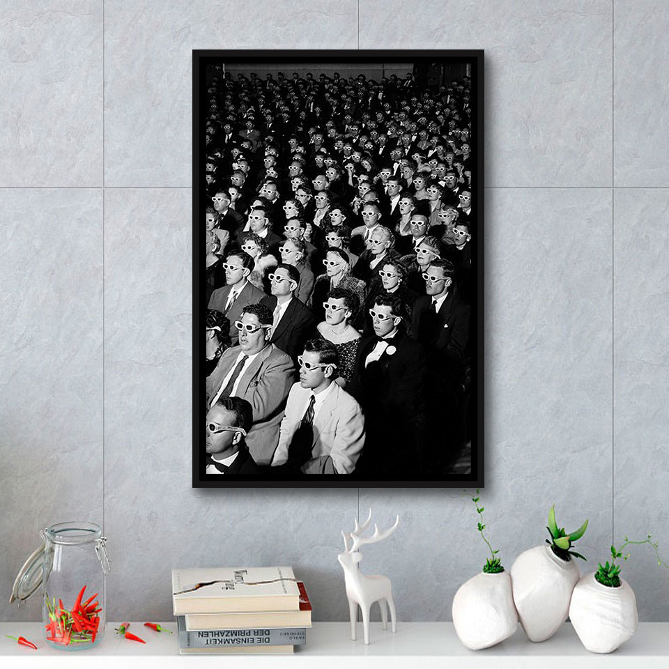 Movie Audience Wearing 3D Glasses Black And White Print Framed Canvas Prints Wall Art Home Decor, Floating Frame