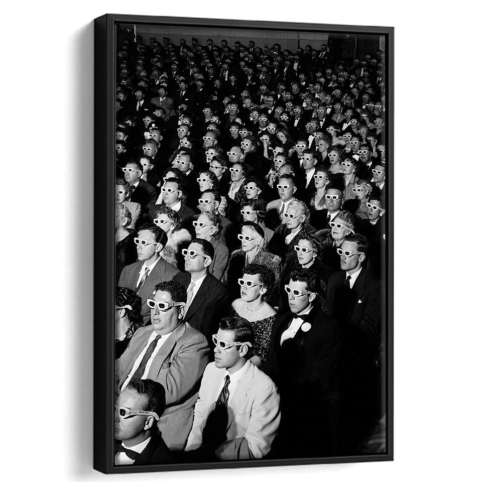 Movie Audience Wearing 3D Glasses Black And White Print Framed Canvas Prints Wall Art Home Decor, Floating Frame