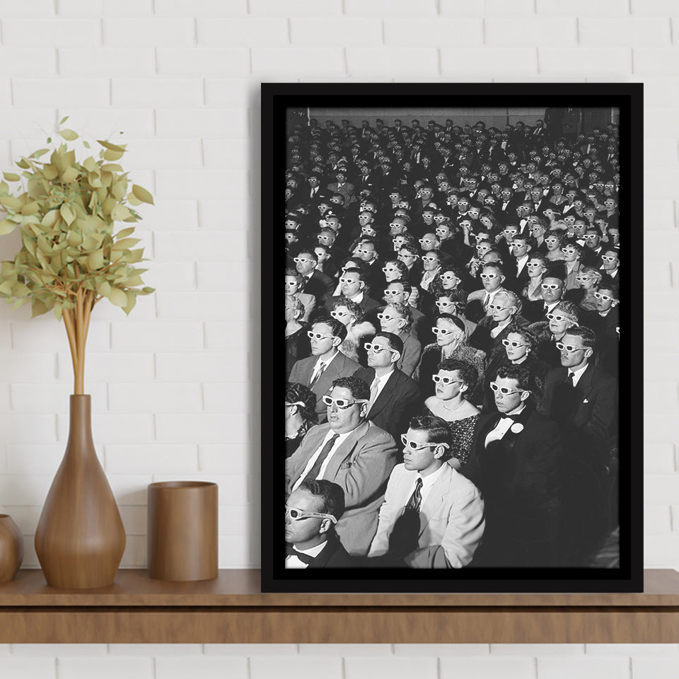 Movie Audience Wearing 3D Glasses Black And White Print Framed Canvas Prints Wall Art Home Decor, Floating Frame