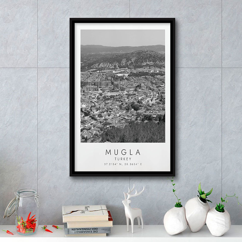 Mugla Turkey Black And White Art Framed Canvas Prints Wall Art Home Decor, Floating Frame