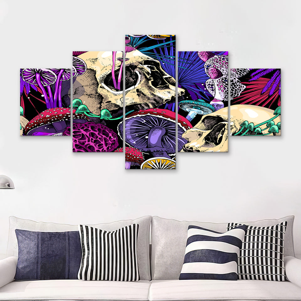 Mushroom And Skulls 5 Piece Canvas Prints Wall Art - Painting Prints, Wall Decor,Multi Panel