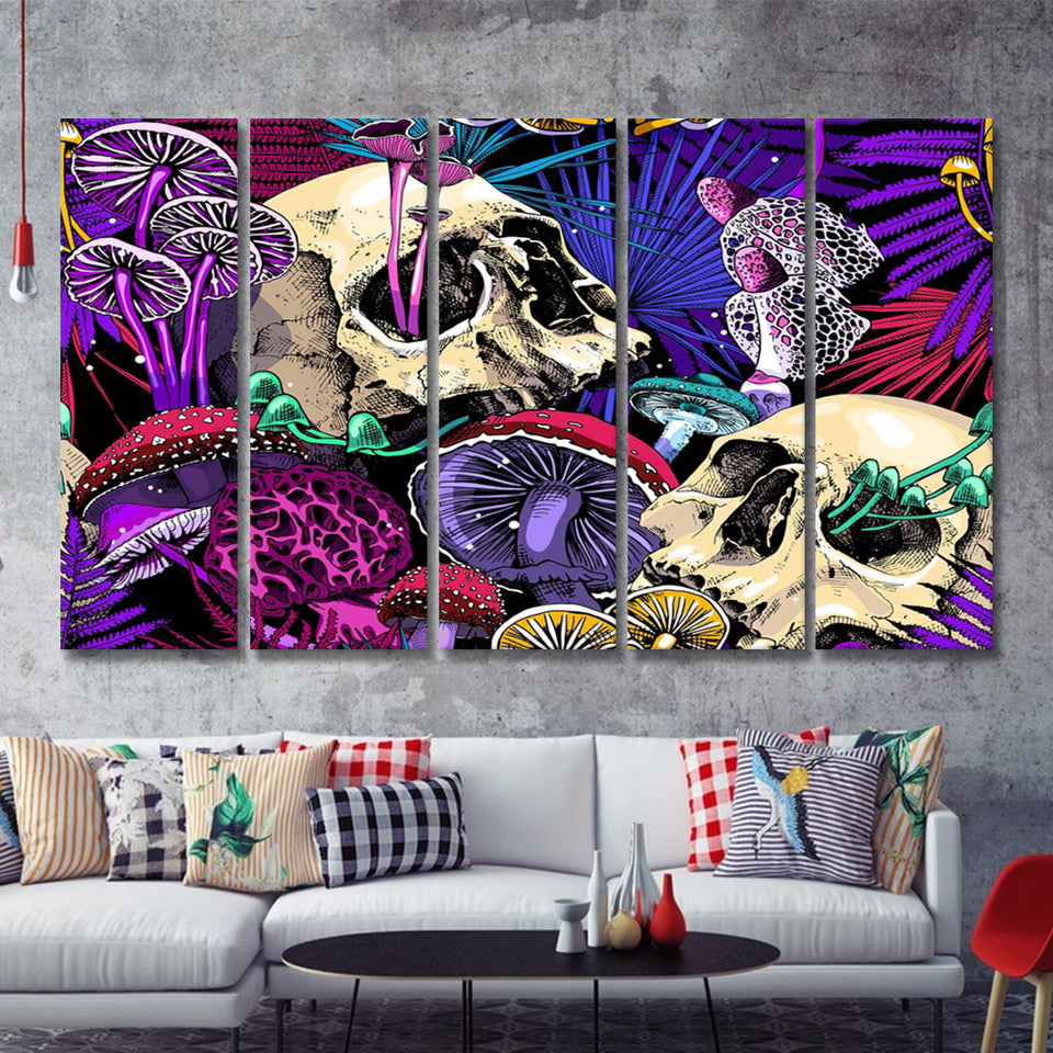 Mushroom And Skulls 5 Piece Canvas Prints Wall Art - Painting Prints, Wall Decor,Multi Panels