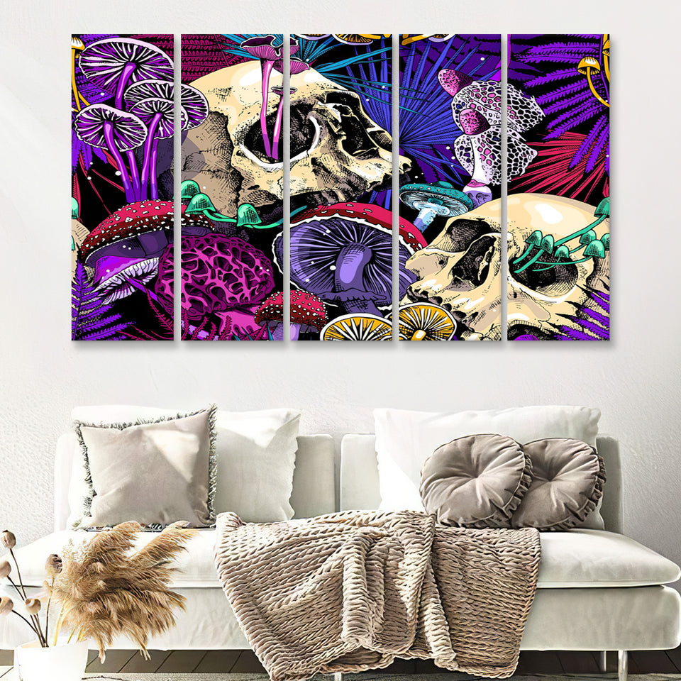 Mushroom And Skulls 5 Piece Canvas Prints Wall Art - Painting Prints, Wall Decor,Multi Panels