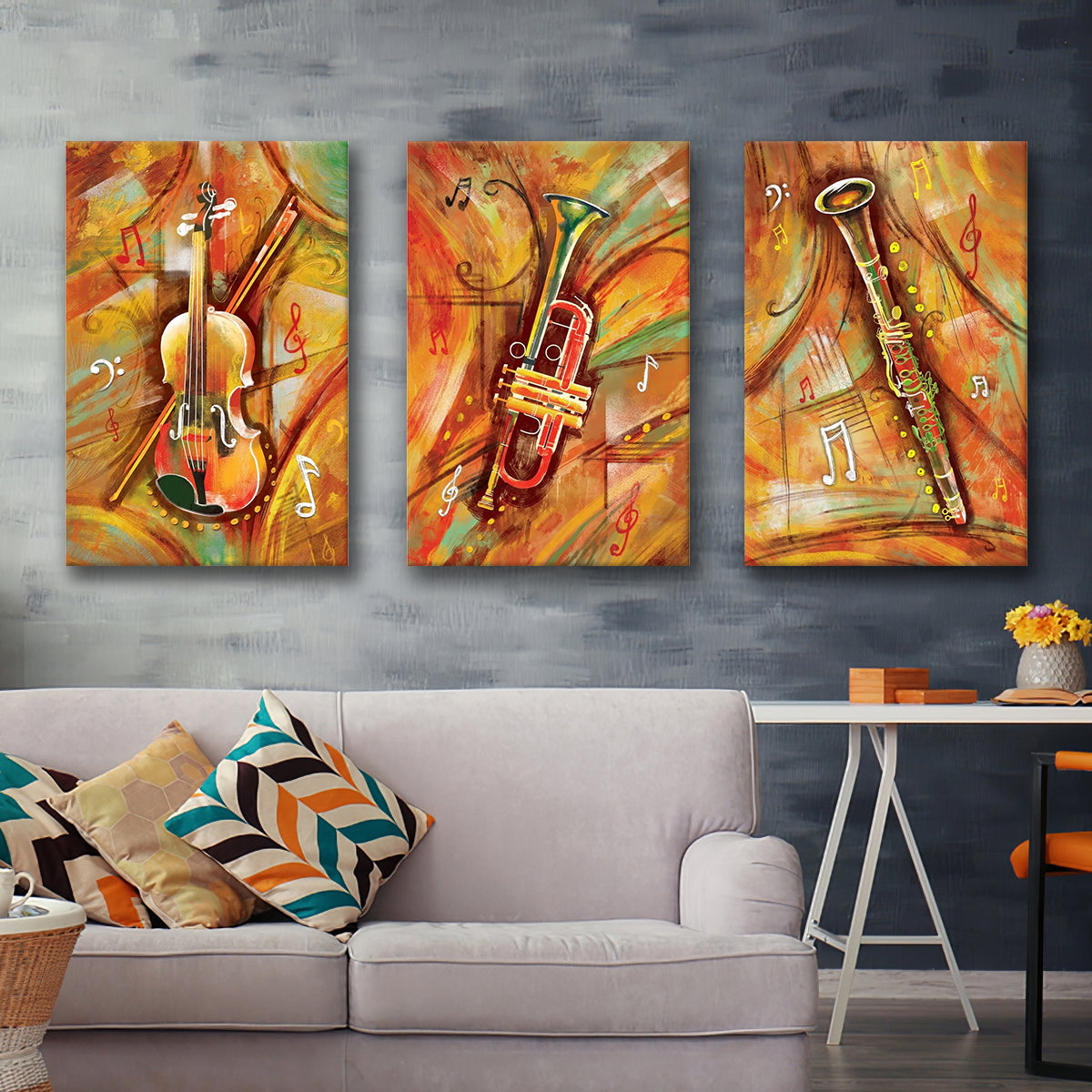 Musical Waves Colorfull Set of 3 Piece Canvas Prints Wall Art