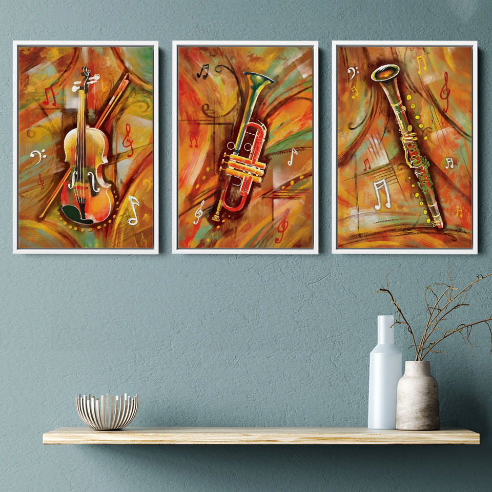 Musical Waves Colorfull Set of 3 Piece Framed Canvas Prints Wall Art Decor