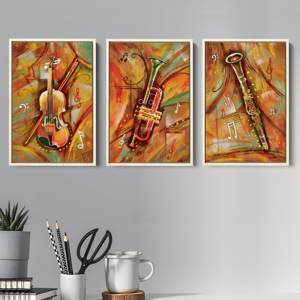 Musical Waves Colorfull Set of 3 Piece Framed Canvas Prints Wall Art Decor