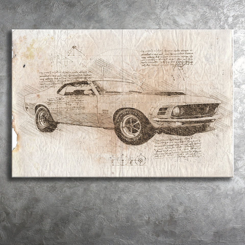 Mustang Boss 429 Da Vinci Style Canvas Prints - Painting Canvas, Wall Art,Old Car, Prints for Sale,Wal Decor, Home Decor