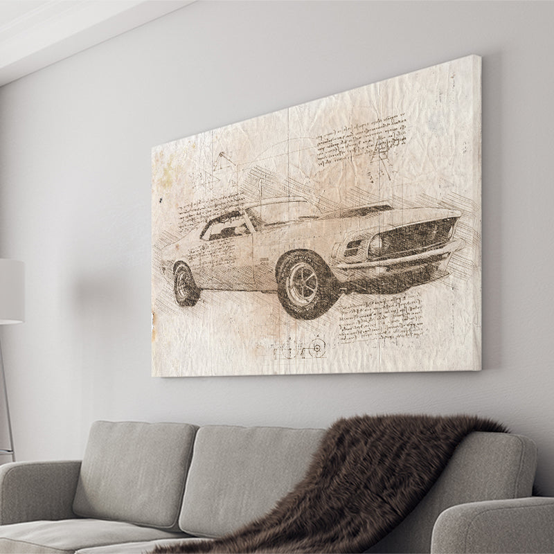 Mustang Boss 429 Da Vinci Style Canvas Prints - Painting Canvas, Wall Art,Old Car, Prints for Sale,Wal Decor, Home Decor