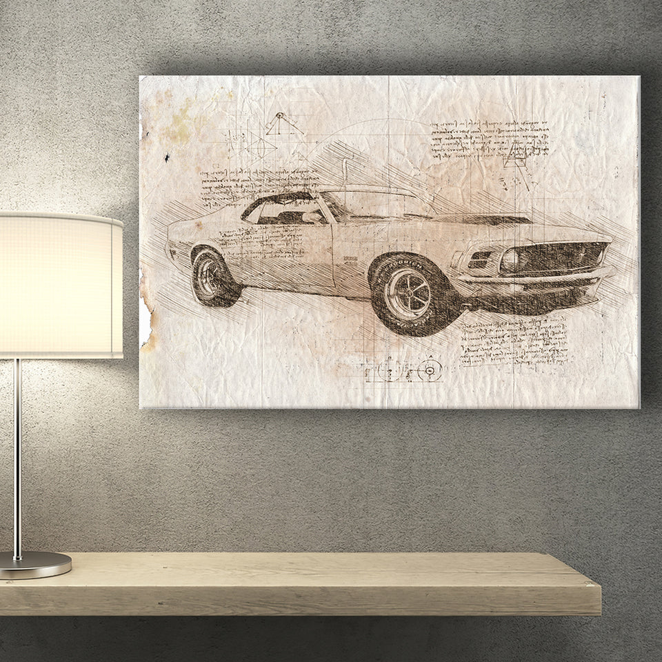 Mustang Boss 429 Da Vinci Style Canvas Prints - Painting Canvas, Wall Art,Old Car, Prints for Sale,Wal Decor, Home Decor