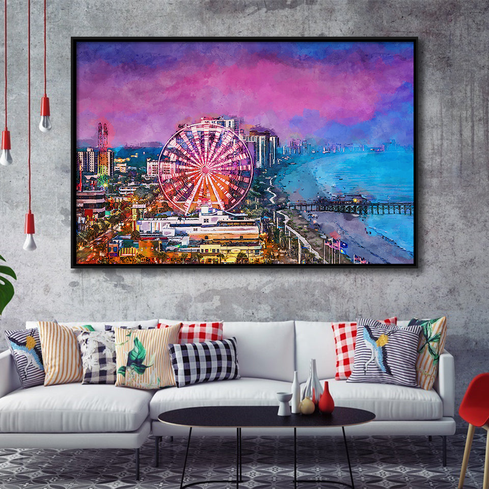Myrtle Beach South Carolina Usa City City Art Watercolor Framed Canvas Prints Wall Art Home Decor,Floating Frame