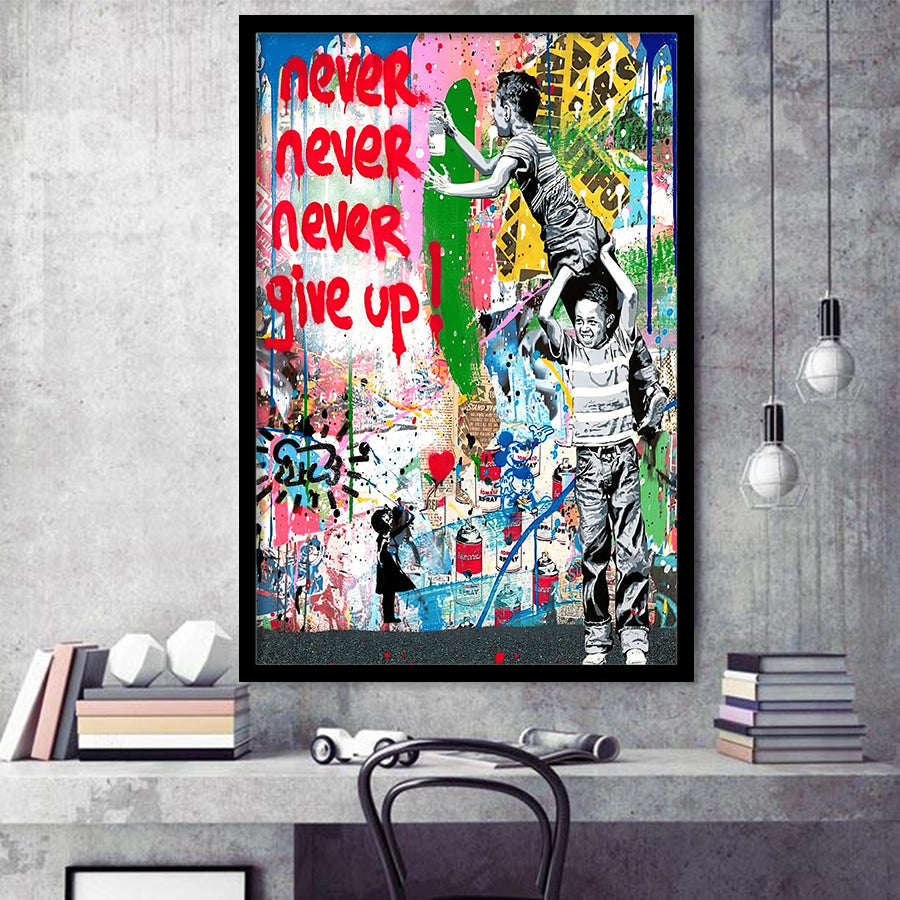 Never Never Give Up Graffiti Art Framed Art Print Wall Decor - Painting Art, Wall Art, Framed Picture, Black Frame