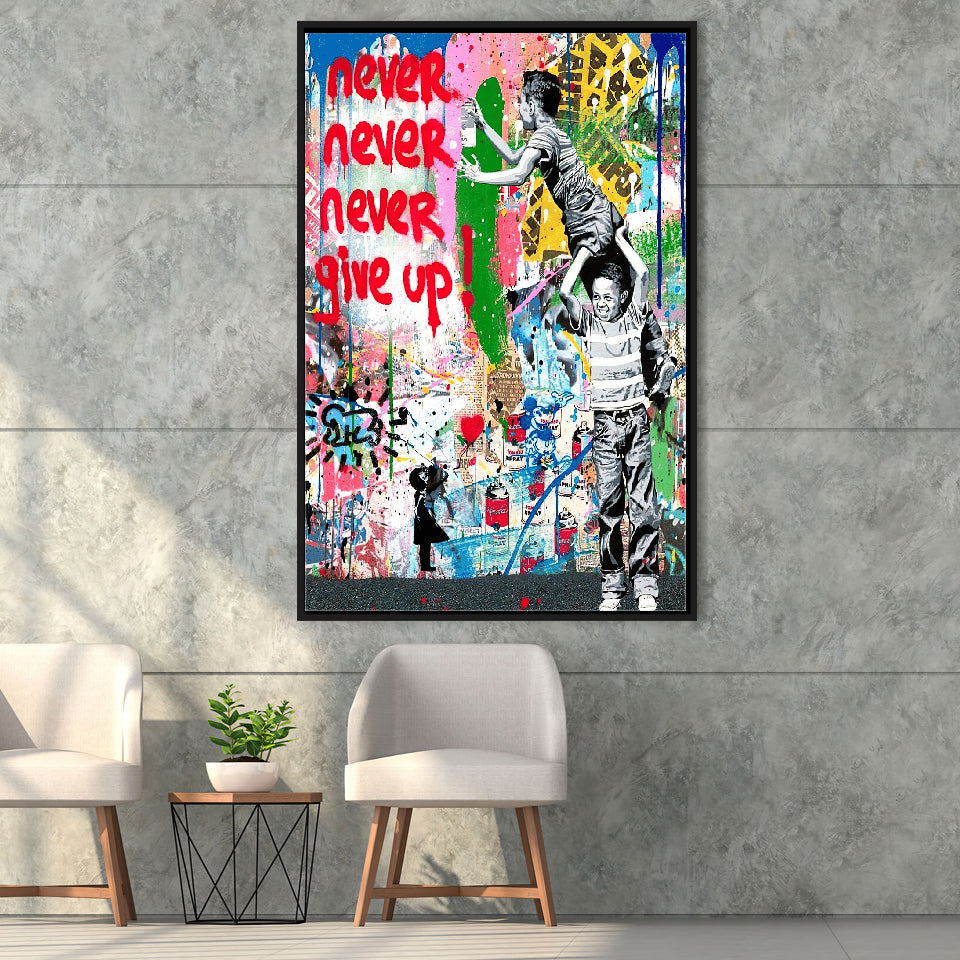 Never Never Give Up Graffiti Art Framed Canvas Prints Wall Art Decor - Painting Canvas, Floating Frame, Framed Picture