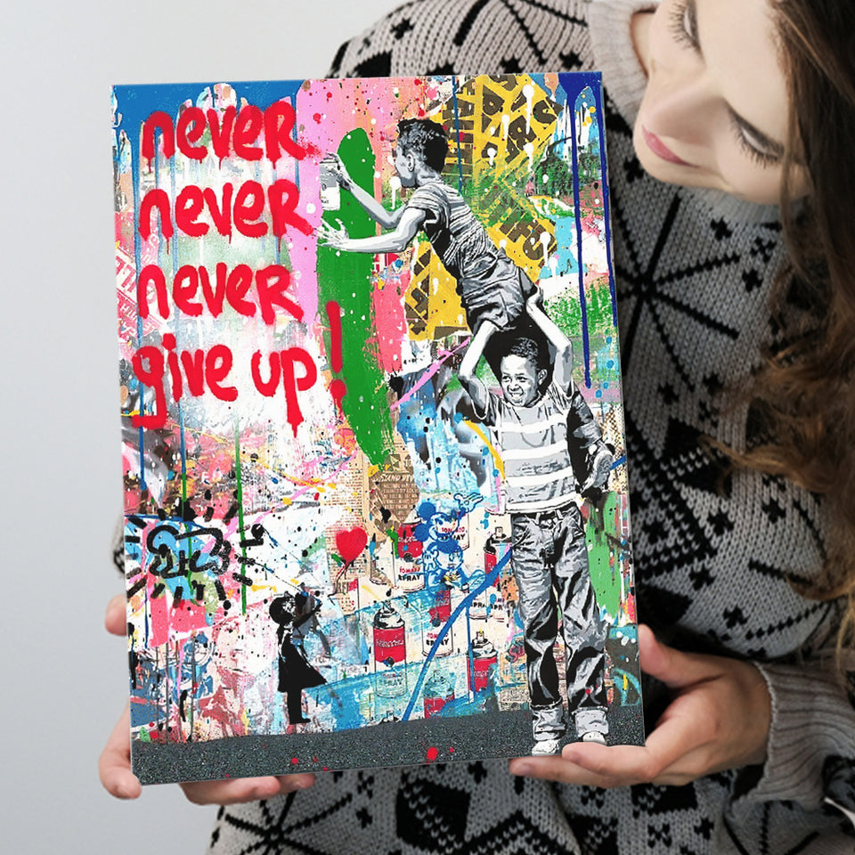 Never Never Give Up Graffiti Art Canvas Prints Wall Art Decor - Painting Canvas, Home Decor, Art Print, Art For Sale