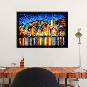 Night Town At The Harbor Framed Canvas Wall Art - Canvas Prints, Prints Painting, Prints for Sale, Framed Art