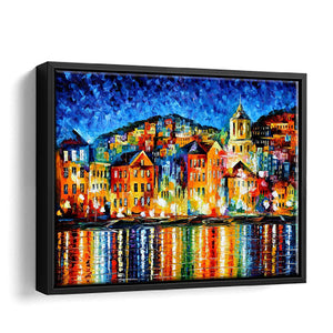 Night Town At The Harbor Framed Canvas Wall Art - Canvas Prints, Prints Painting, Prints for Sale, Framed Art