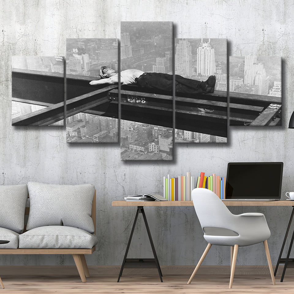 Nyc Steel Worker Black And White Print, Black And White Photo 5 Panels, Canvas Prints Wall Art Decor, Large Canvas Art