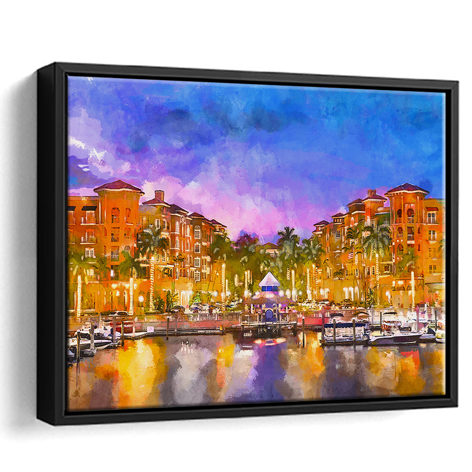 Naples Florida Usa Downtown Skyline Dusk City Art Watercolor Framed Canvas Prints Wall Art Home Decor,Floating Frame