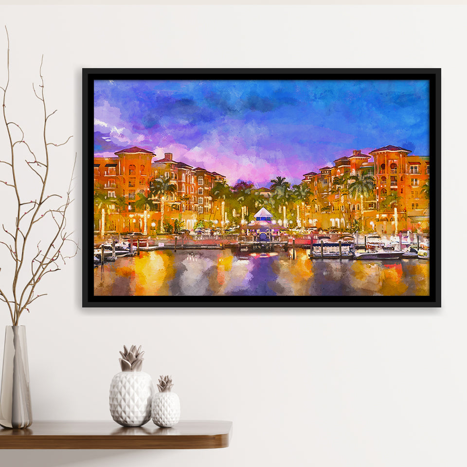 Naples Florida Usa Downtown Skyline Dusk City Art Watercolor Framed Canvas Prints Wall Art Home Decor,Floating Frame