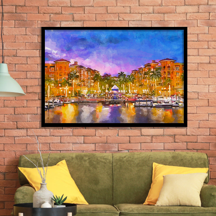 Naples Florida Usa Downtown Skyline Dusk City Art Watercolor Framed Art Prints Wall Art Decor,Framed Picture