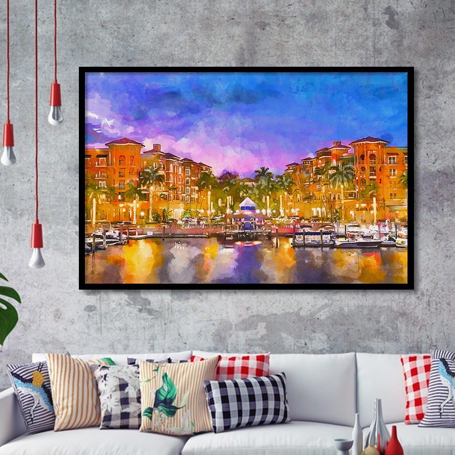 Naples Florida Usa Downtown Skyline Dusk City Art Watercolor Framed Art Prints Wall Art Decor,Framed Picture