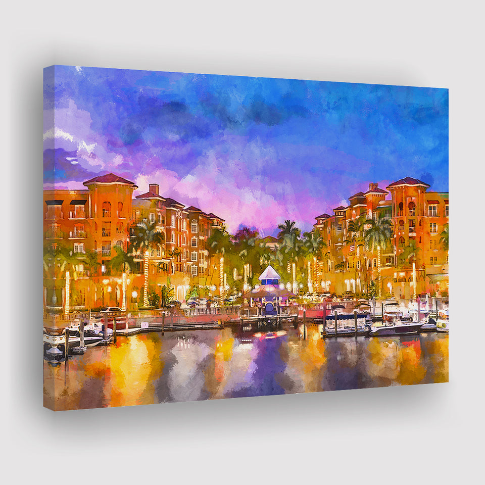 Naples Florida Usa Downtown Skyline Dusk City Art Watercolor Canvas Prints Wall Art Home Decor, Large Canvas