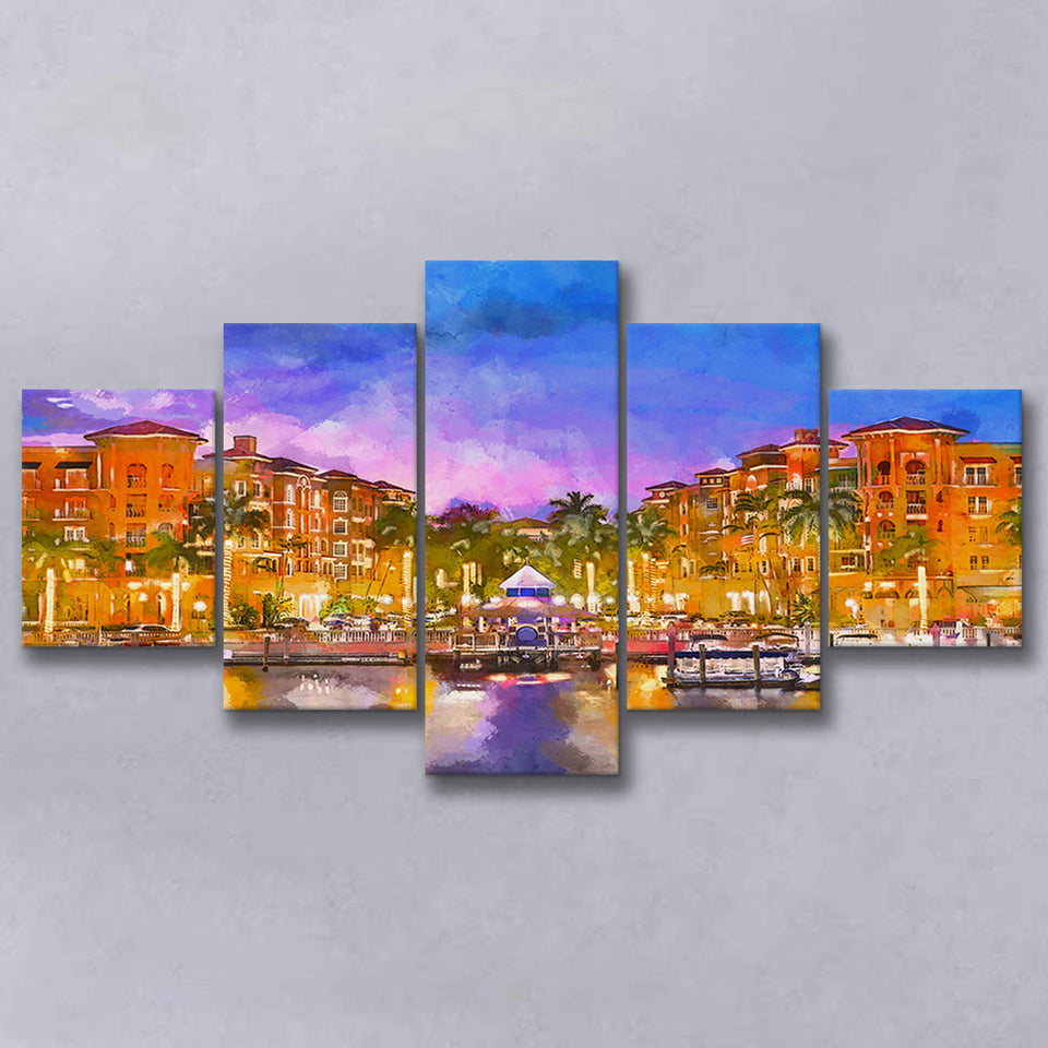 Naples Florida Usa Downtown Skyline Dusk 5 Pieces Mixed Canvas Prints Wall Art Home Decor