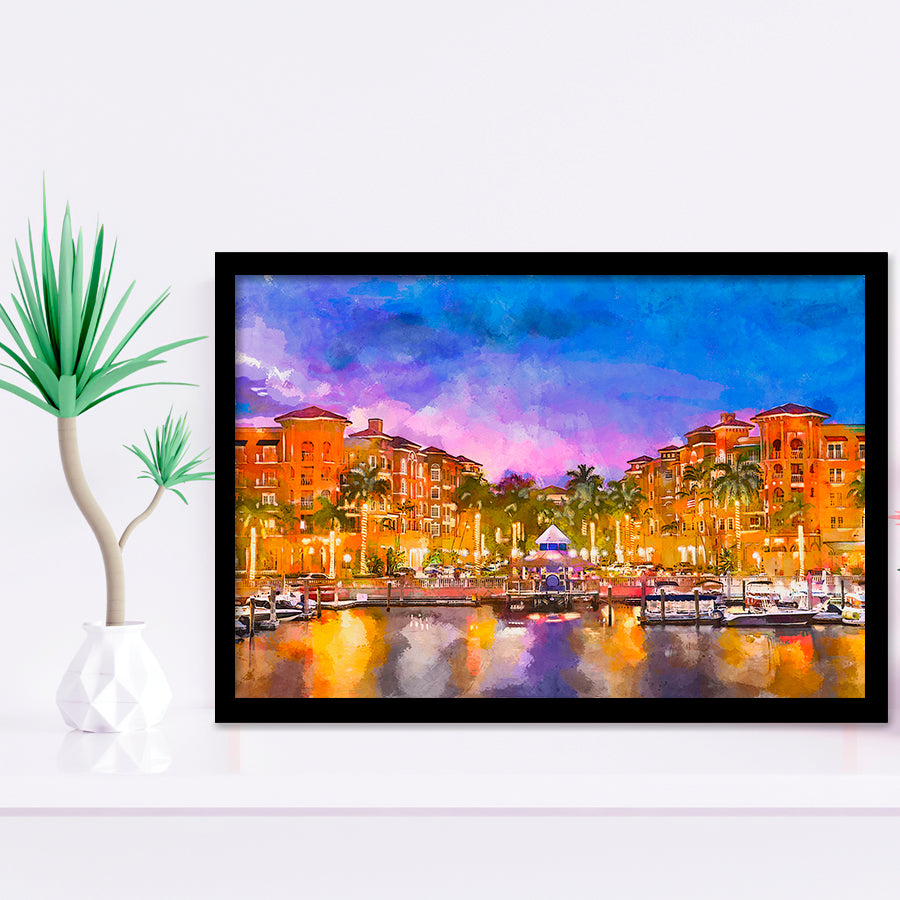Naples Florida Usa Downtown Skyline Dusk City Art Watercolor Framed Art Prints Wall Art Decor,Framed Picture