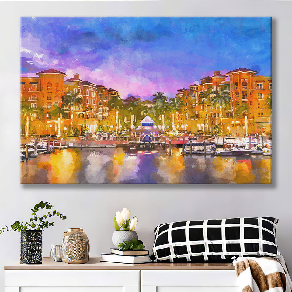 Naples Florida Usa Downtown Skyline Dusk City Art Watercolor Canvas Prints Wall Art Home Decor, Large Canvas